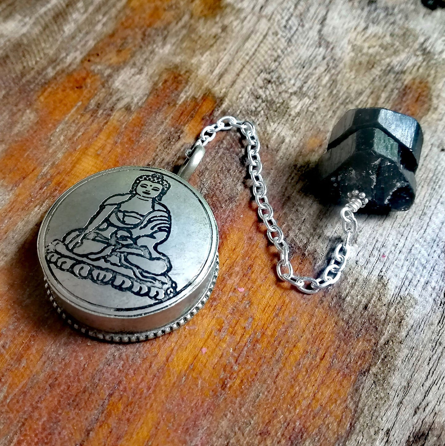 Black Tourmaline and Silver Buddha Box Pendulum on a Silver Chain - SaraCura Spirit