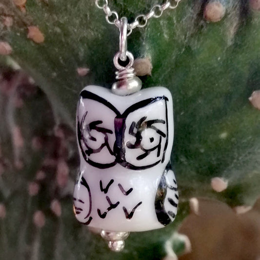 White Owl with Black Feathers and White Eyes Necklace