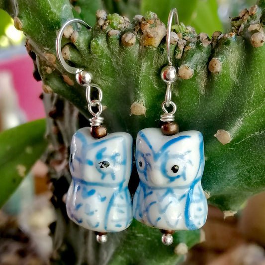 White Owl with Blue Feathers Earrings