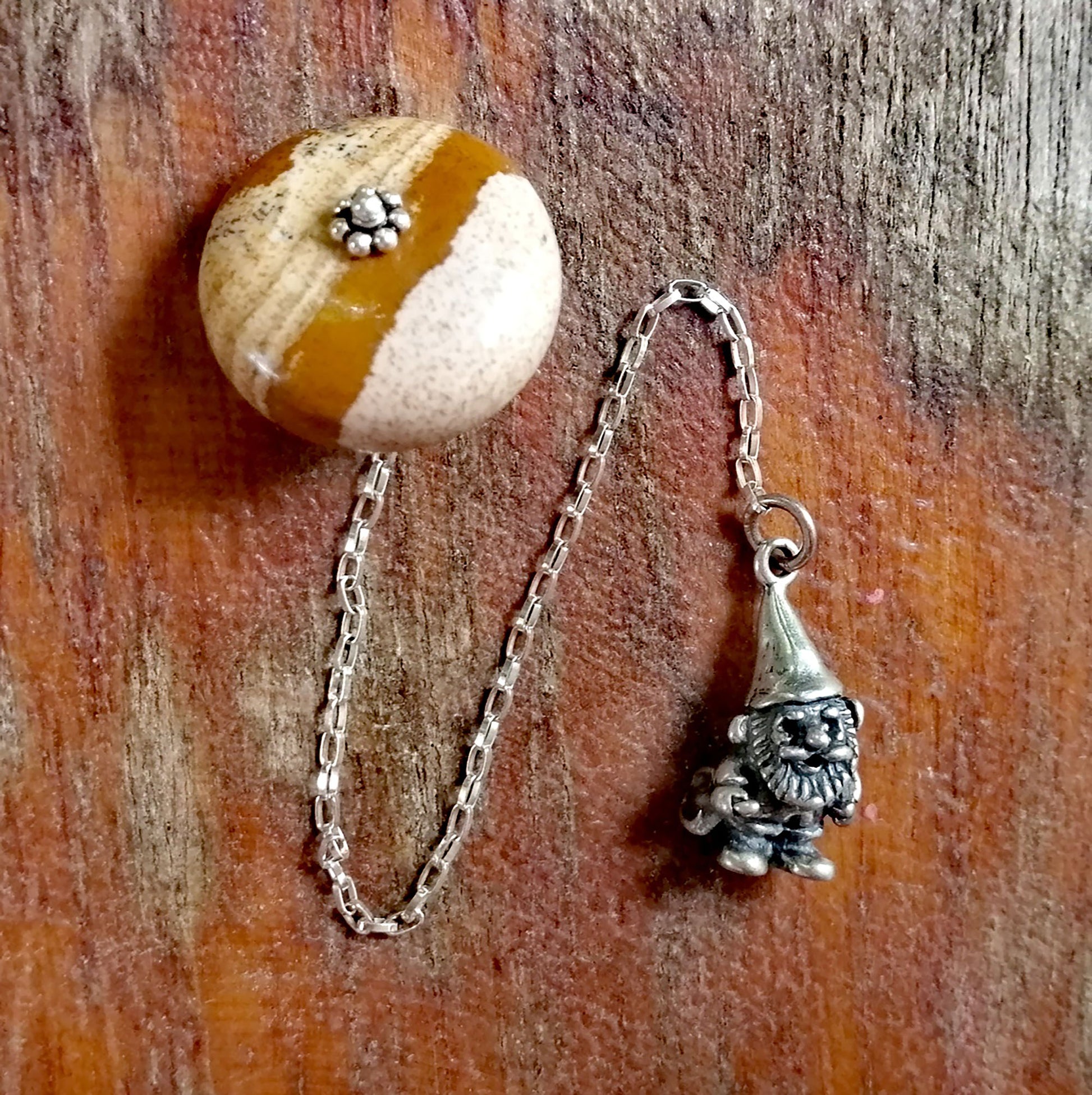 Picture Jasper Pendulum on a Silver Chain with a Sterling Gnome - SaraCura Spirit