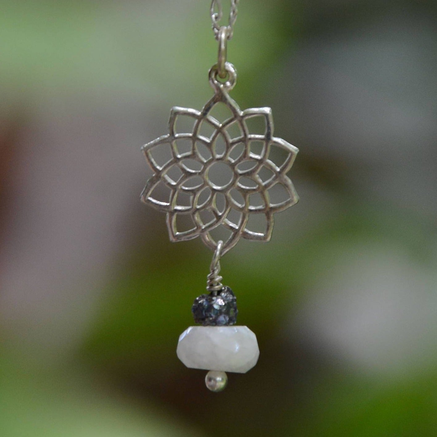 Crown Chakra Necklace with Peacock Ore and White Sapphire ~ Sterling Silver Charm & Chain - SaraCura Spirit