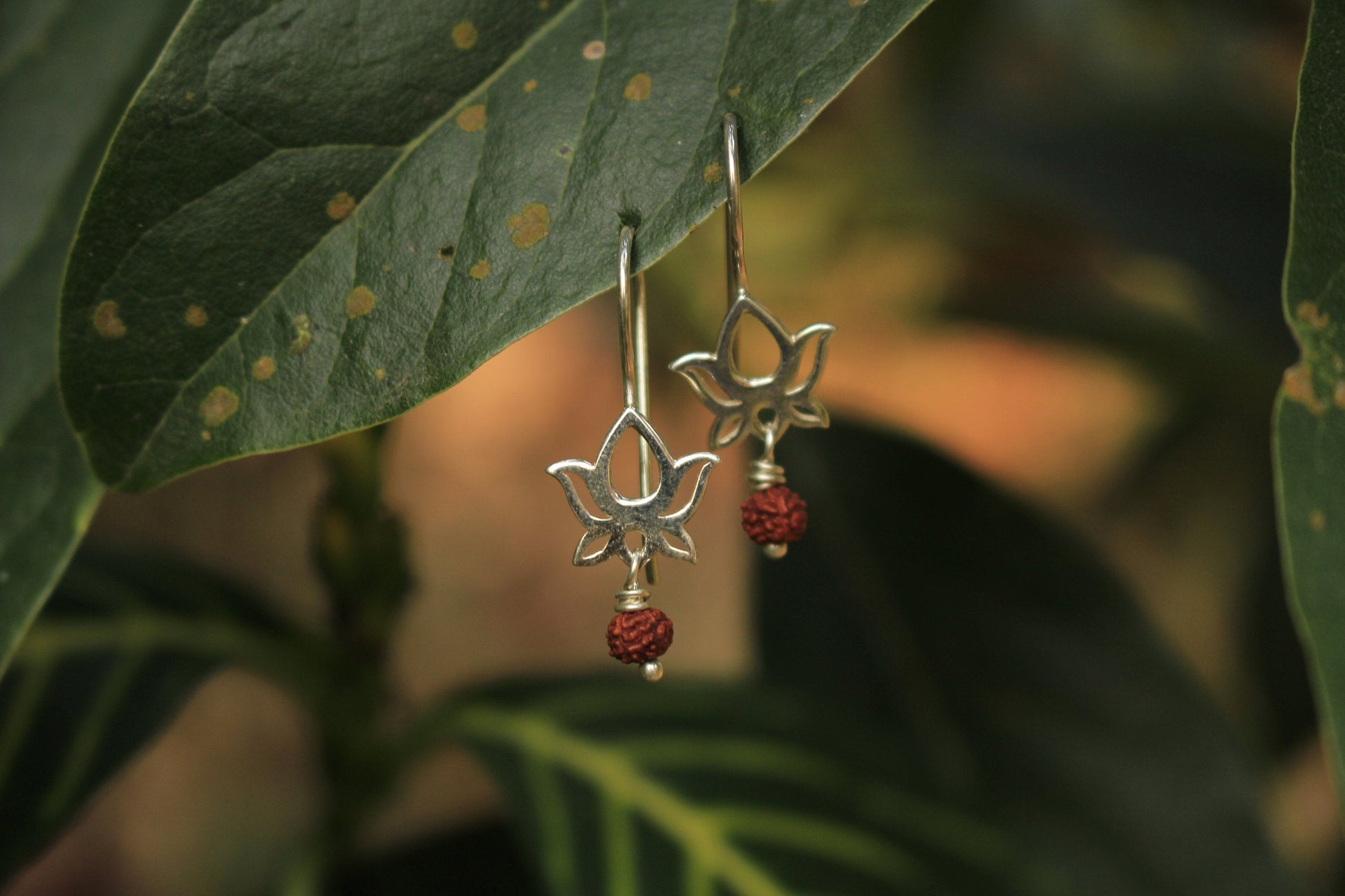 Lotus Flower Earrings with Rudraksha - Crown Chakra - SaraCura Spirit