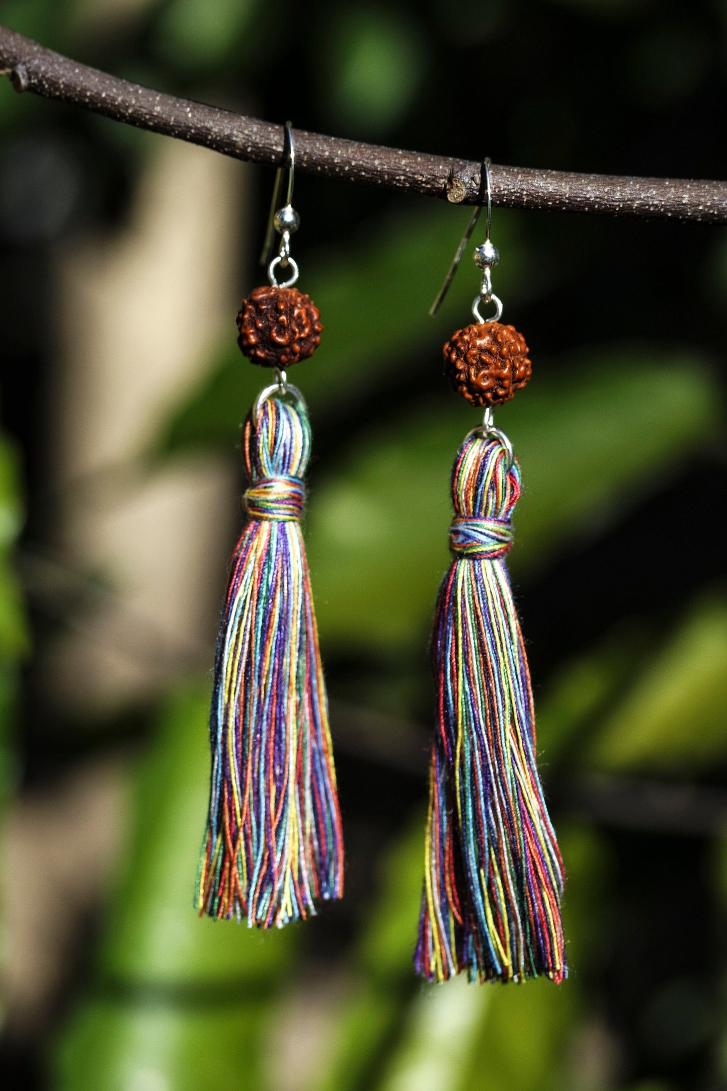 Rudraksha Earrings with Rainbow Tassel | Crown Chakra - SaraCura Spirit