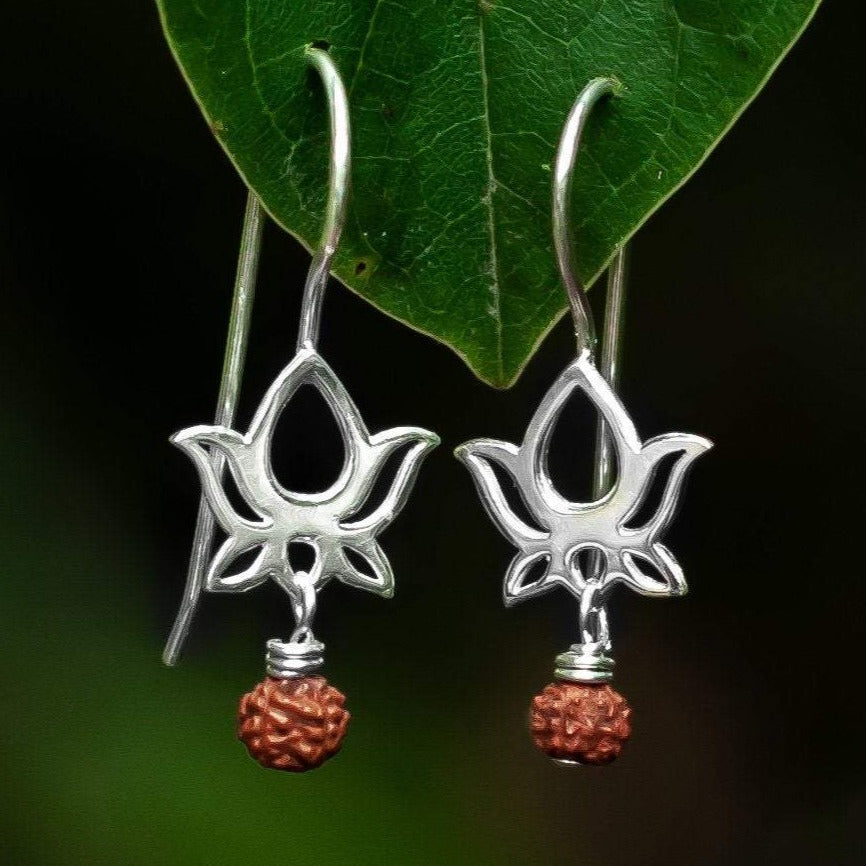 Lotus Flower Earrings with Rudraksha - Crown Chakra - SaraCura Spirit