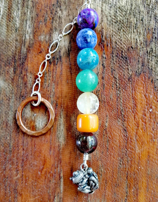 7 Gem Chakra Pendulum with Pewter Frog on a Silver Chain - SaraCura Spirit