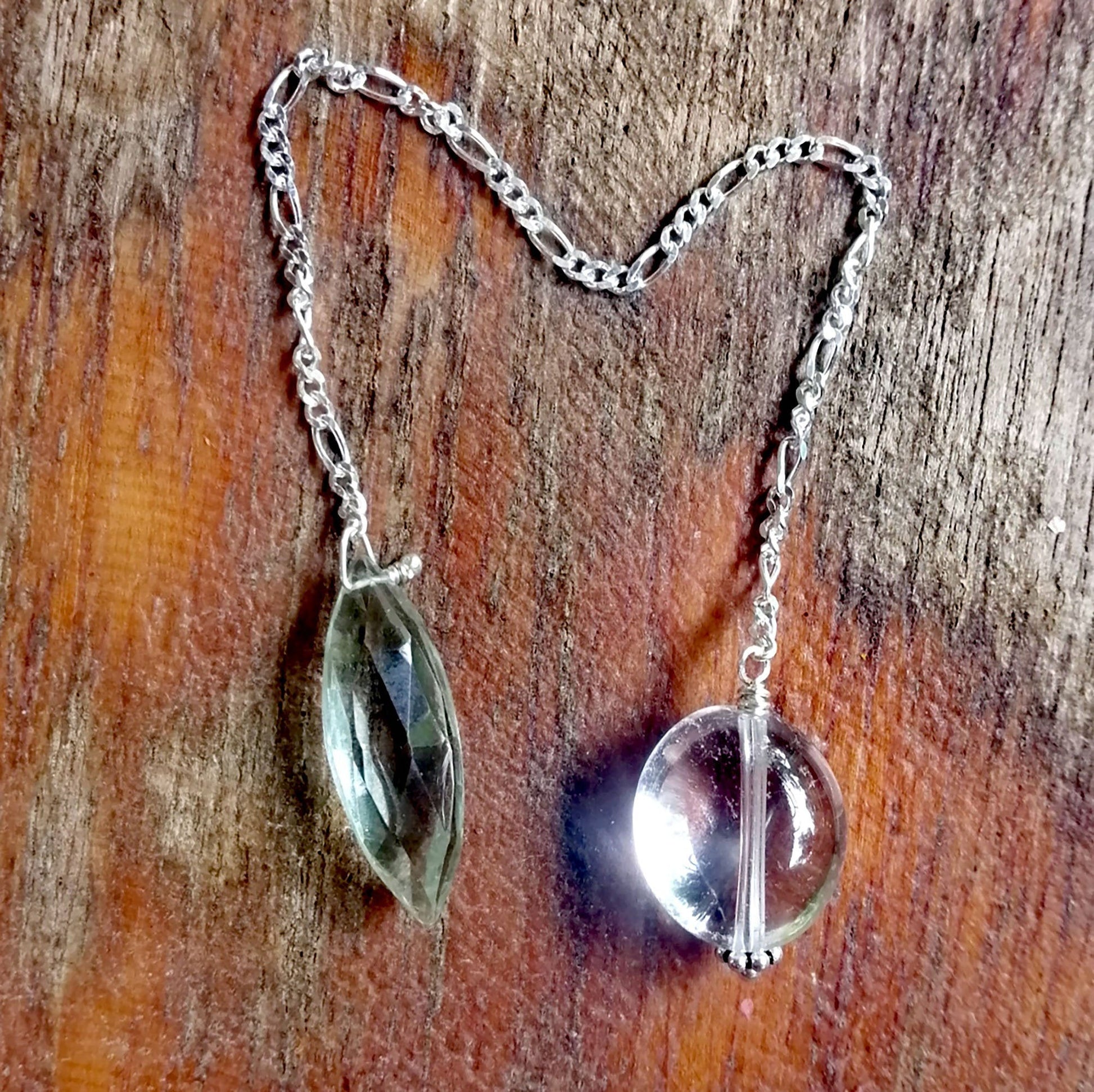 Green Amethyst and Quartz Pendulum on a Silver Chain - SaraCura Spirit