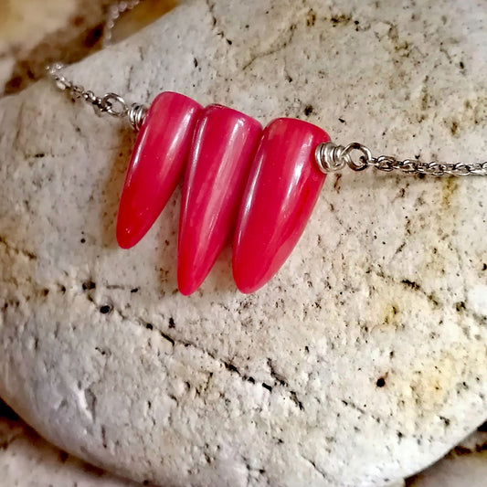 Coral "Tooth" Bar Necklace on a Silver Chain - Root Chakra - SaraCura Spirit