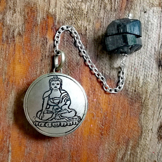 Black Tourmaline and Silver Buddha Box Pendulum on a Silver Chain - SaraCura Spirit