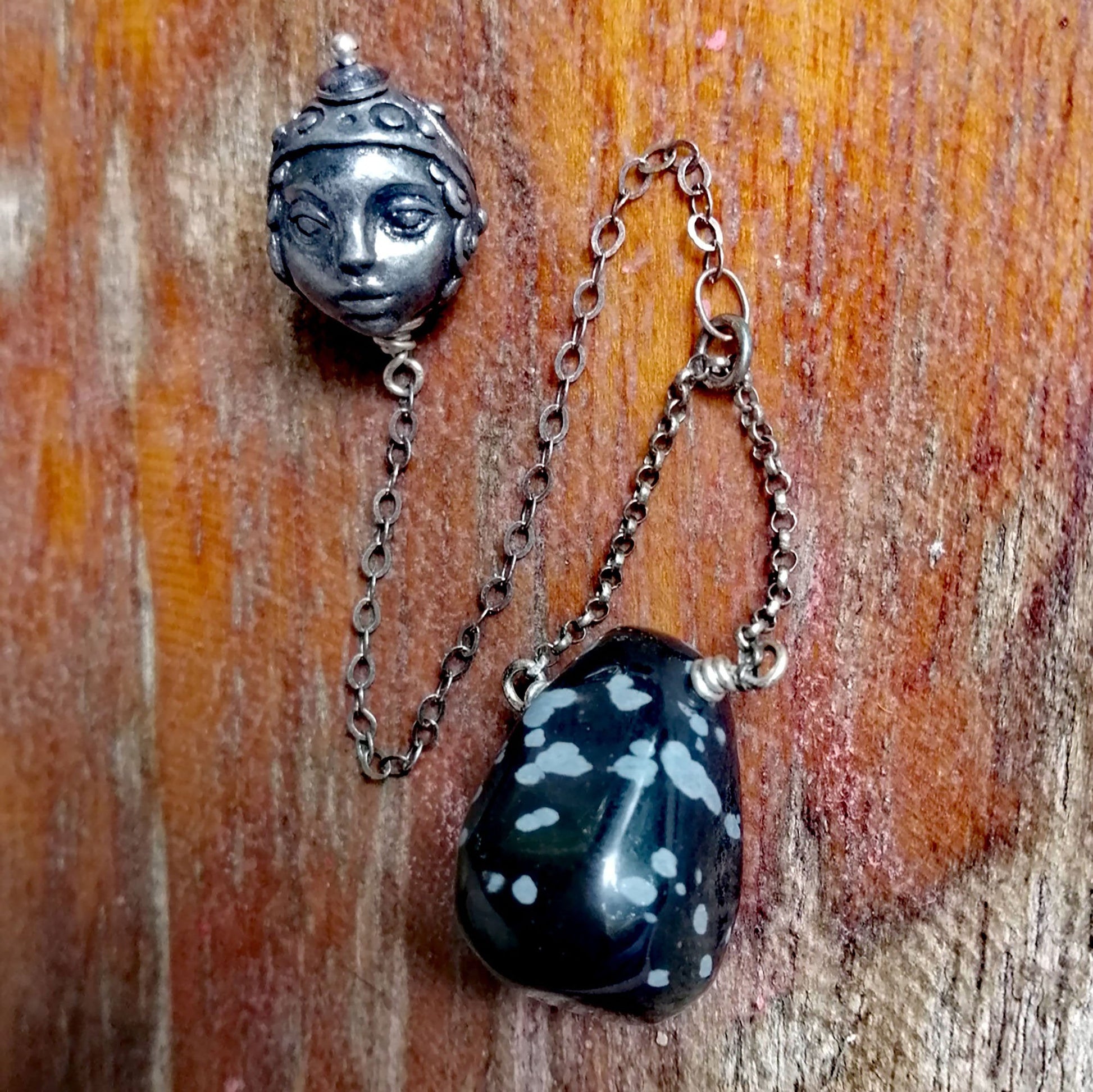 Snowflake Obsidian and Pewter Lady Head Pendulum on a Silver Chain - SaraCura Spirit