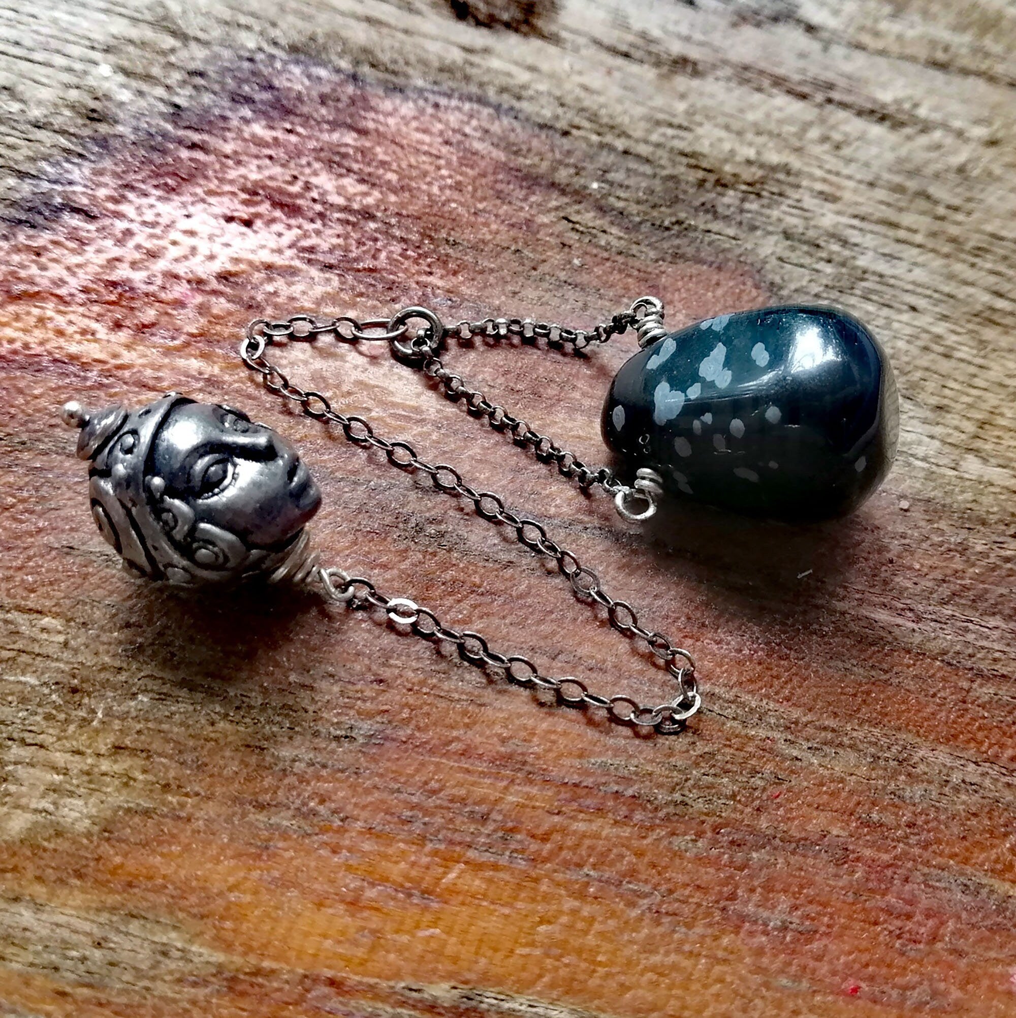 Snowflake Obsidian and Pewter Lady Head Pendulum on a Silver Chain