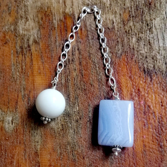 Blue Lace Agate and White Jasper Pendulum on a Silver Chain - SaraCura Spirit