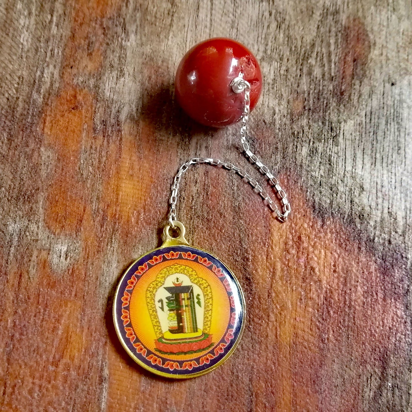 Green Tara Medallion and Red Jasper Pendulum on a Silver Chain - SaraCura Spirit