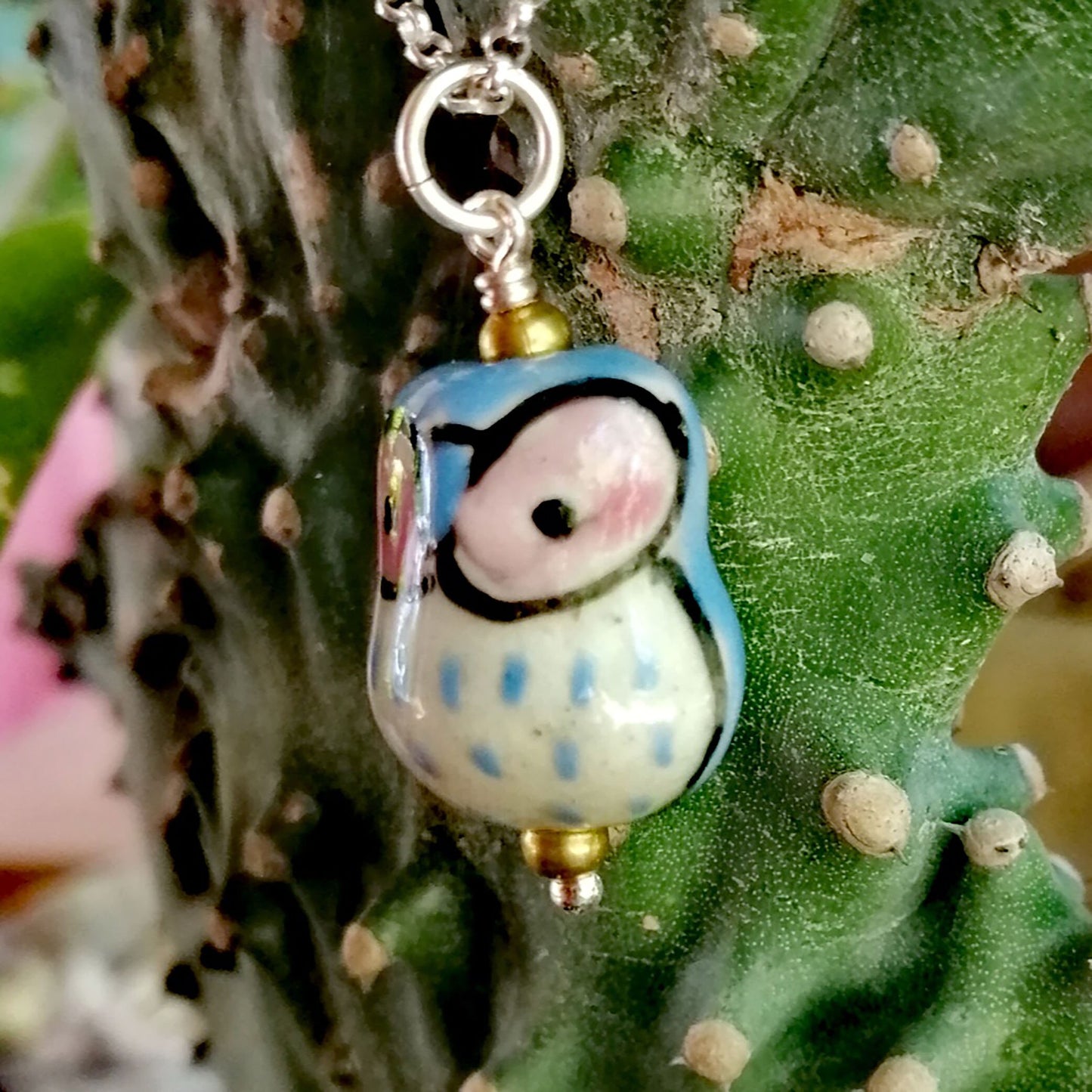 Blue Owl with Pink Eyes Necklace