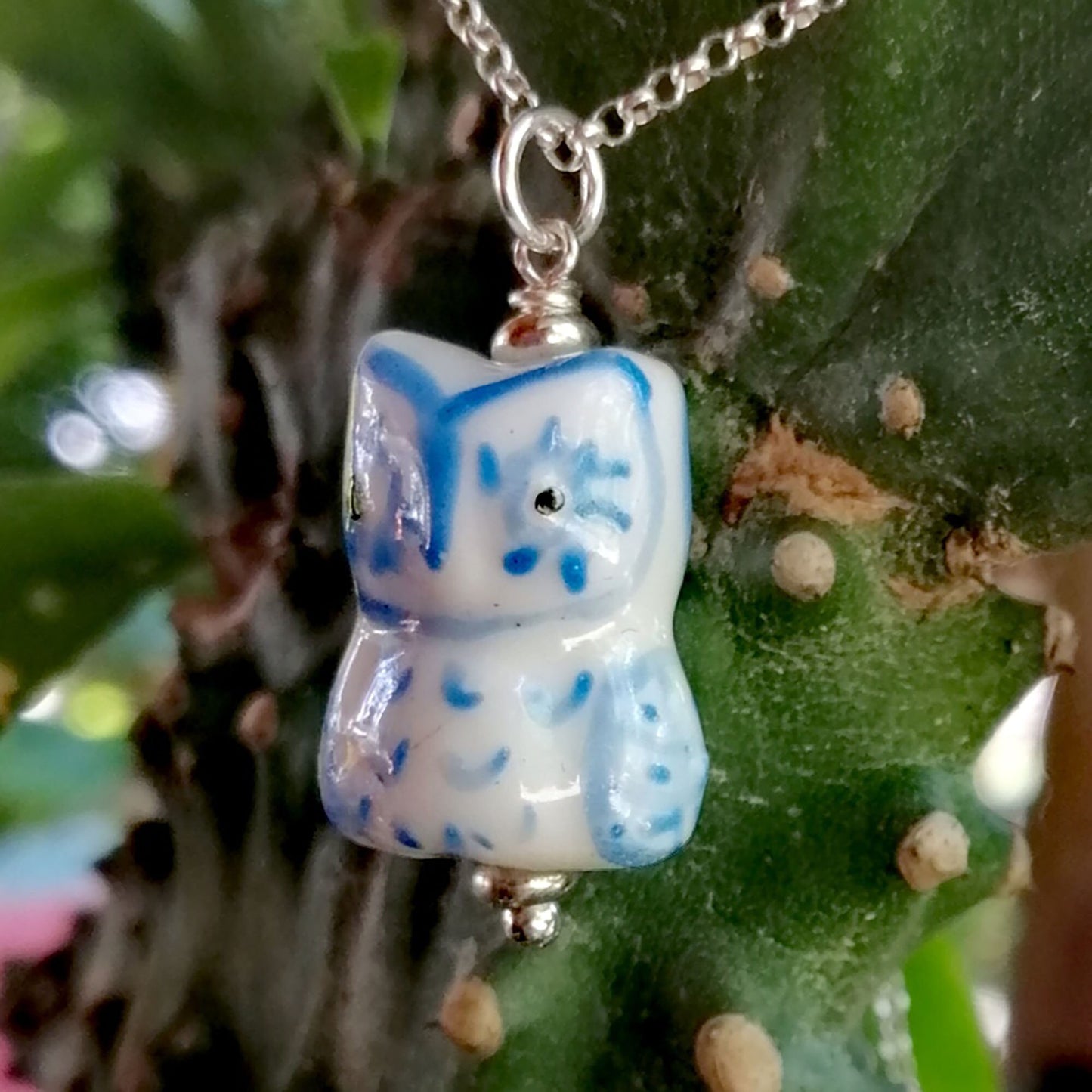 White Owl with Blue Feathers Necklace