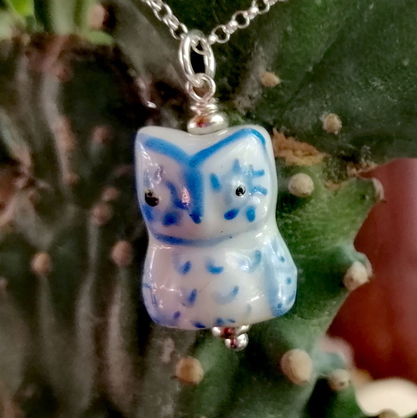 White Owl with Blue Feathers Necklace