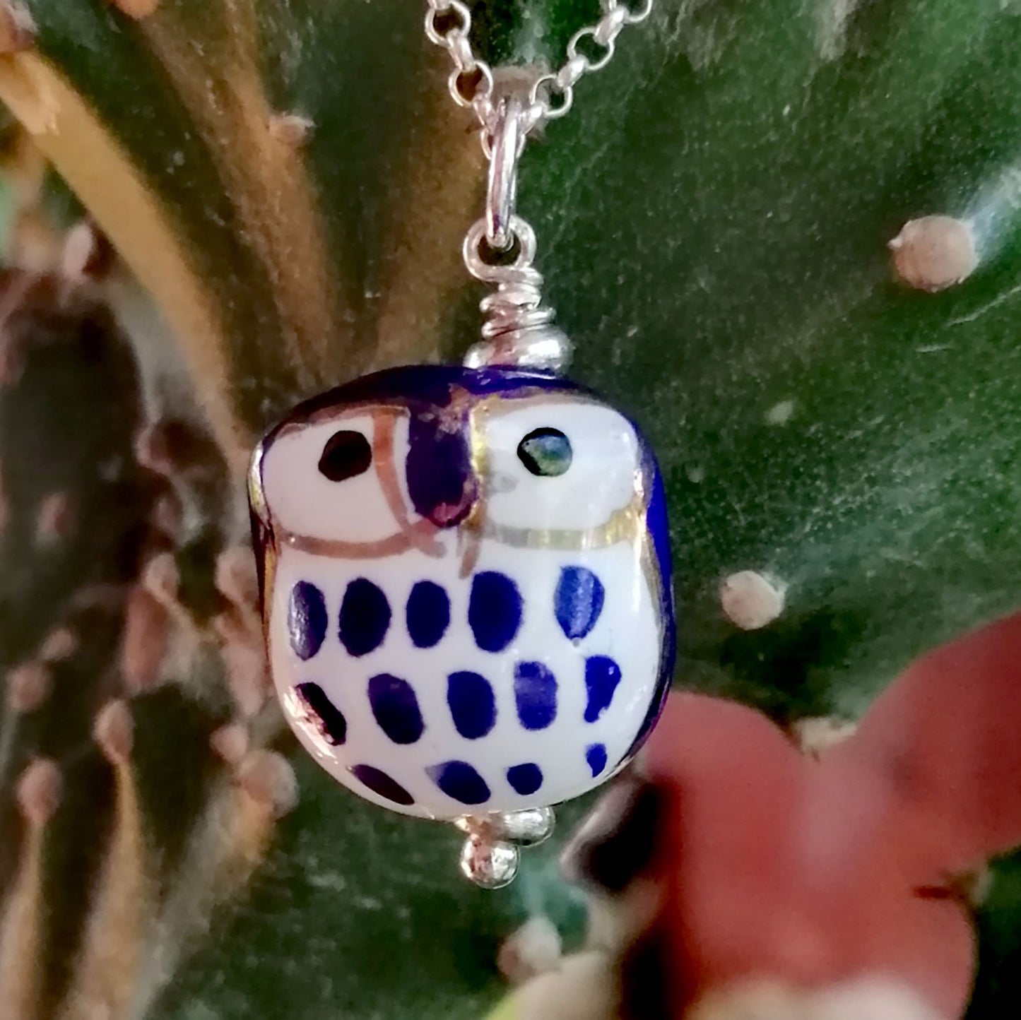 Blue Owl with White Eyes Necklace and Earring Set