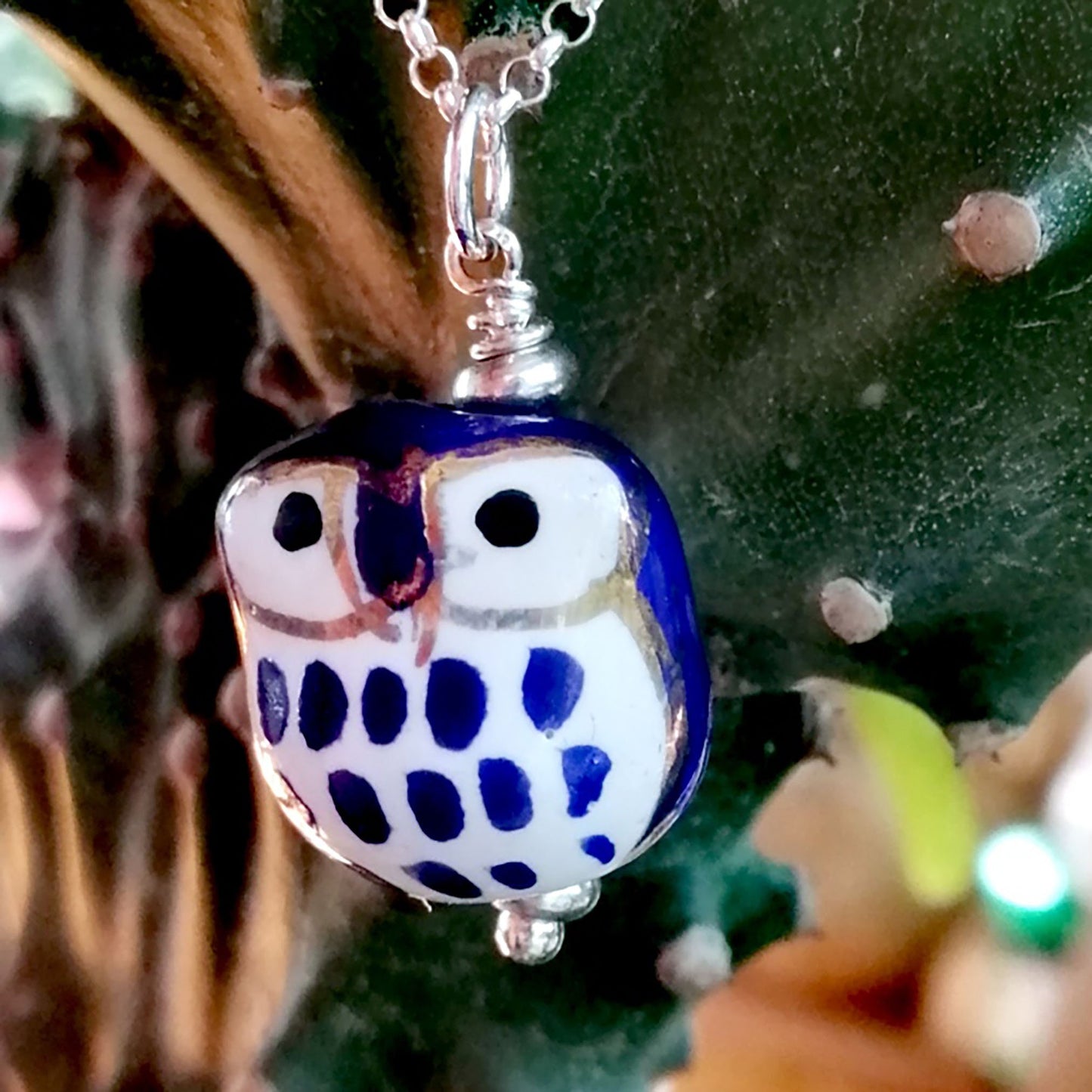 Blue Owl with White Eyes Necklace