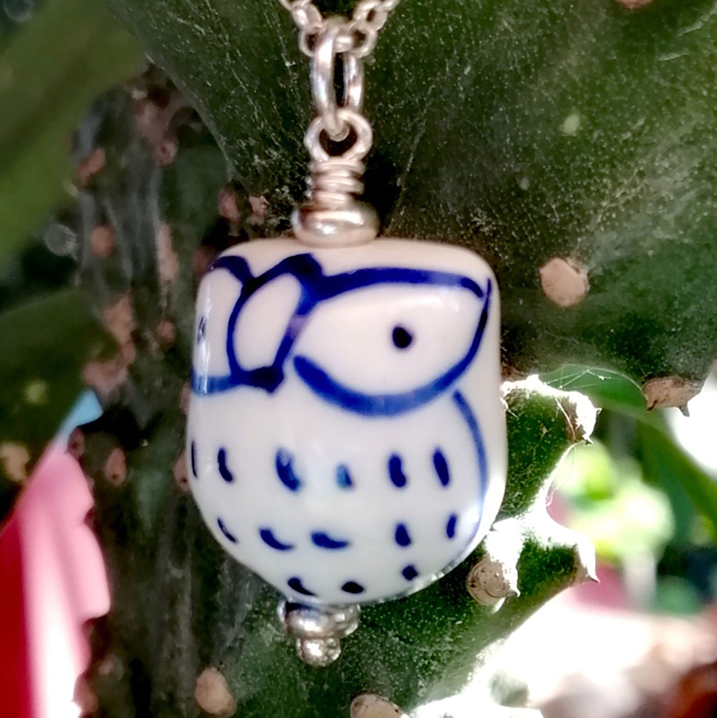 White Owl with Blue Feathers and White Eyes Necklace