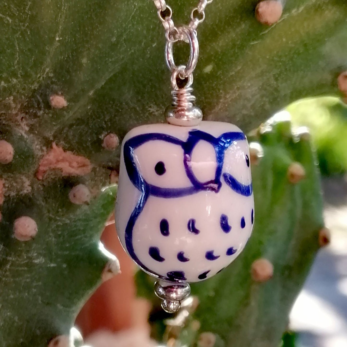 White Owl with Blue Feathers and White Eyes Necklace