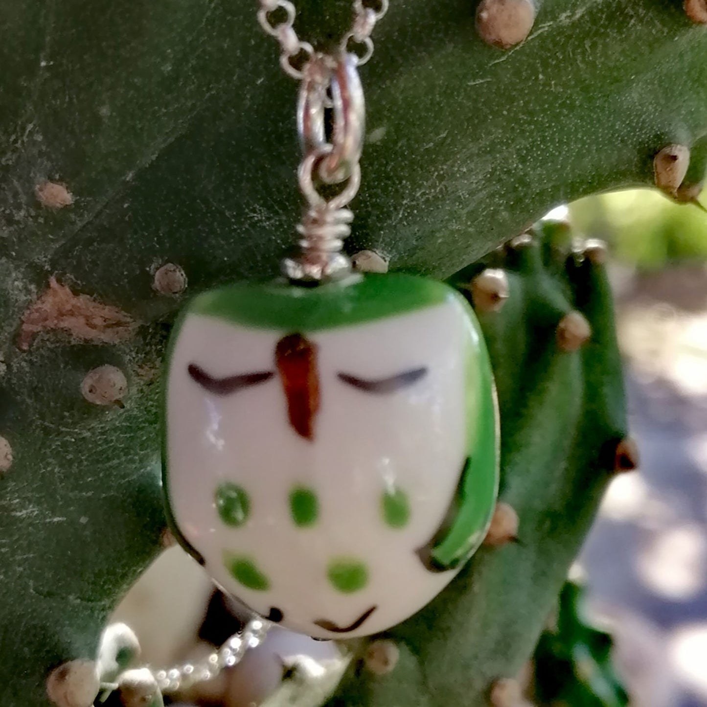 Sleepy Green Owl Necklace and Earring Set