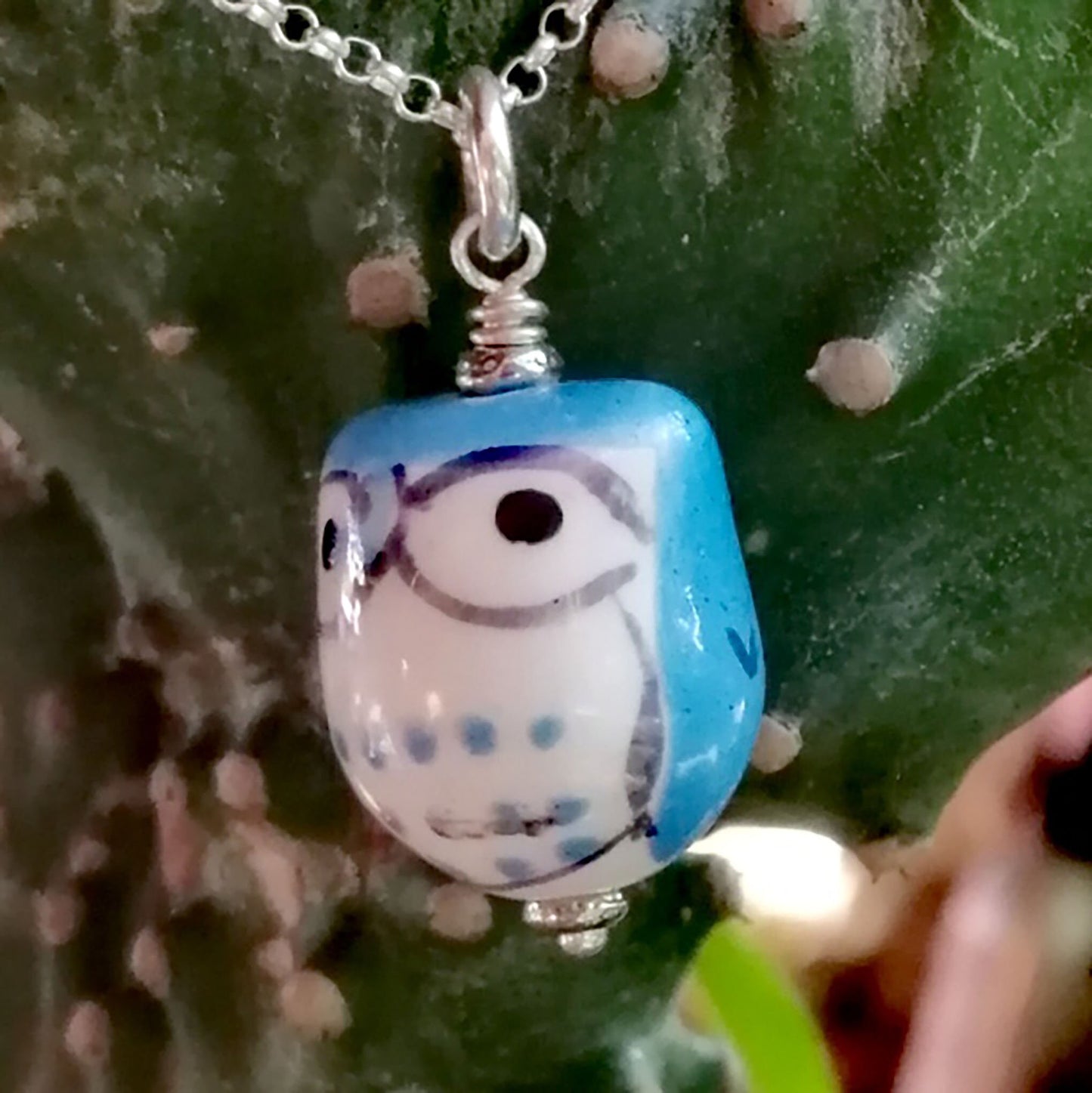 Light Blue Owl with White Eyes Necklace