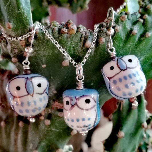 Light Blue Owl with White Eyes Necklace and Earring Set