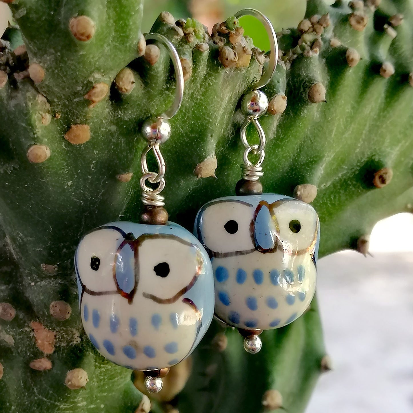 Light Blue Owl with White Eyes Earrings