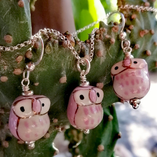 Pink Owl with White Eyes Necklace and Earring Set