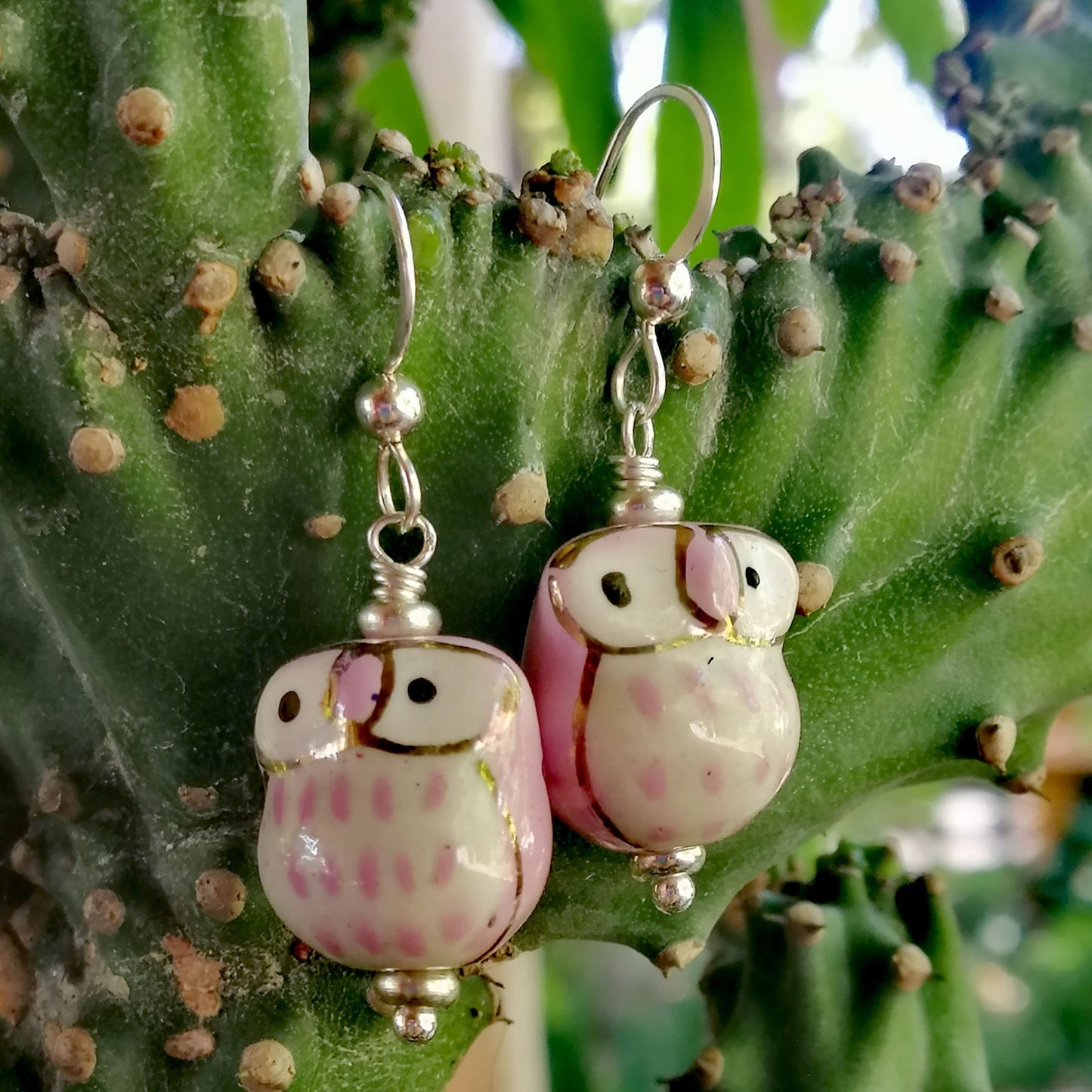 Pink Owl with White Eyes Earrings