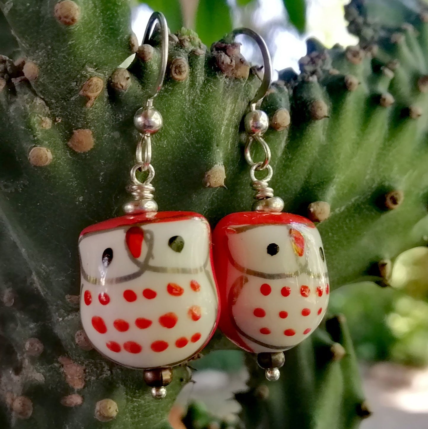Red Owl with White Eyes Earrings