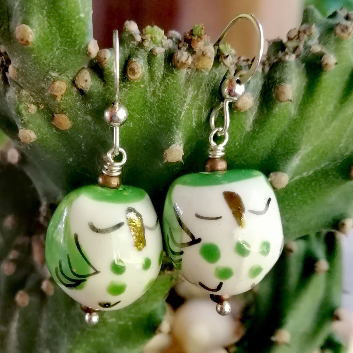 Sleepy Green Owl Necklace and Earring Set