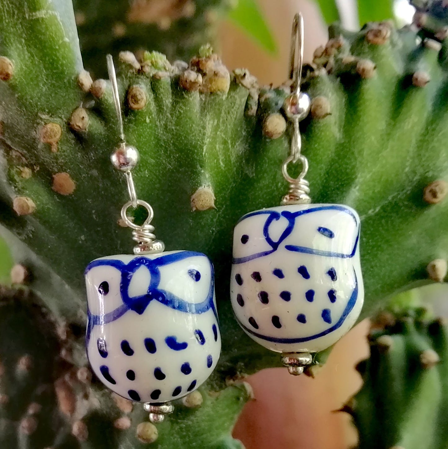 White Owl with Blue Feathers and White Eyes Earrings