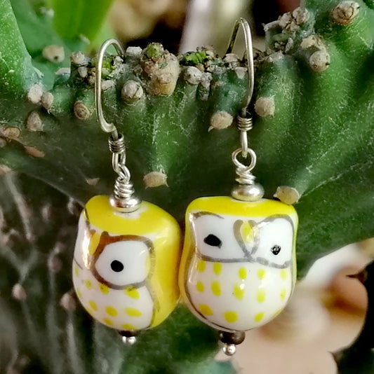 Yellow Owl with White Eyes Earrings