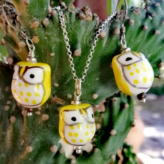 Yellow Owl with White Eyes Necklace and Earring Set