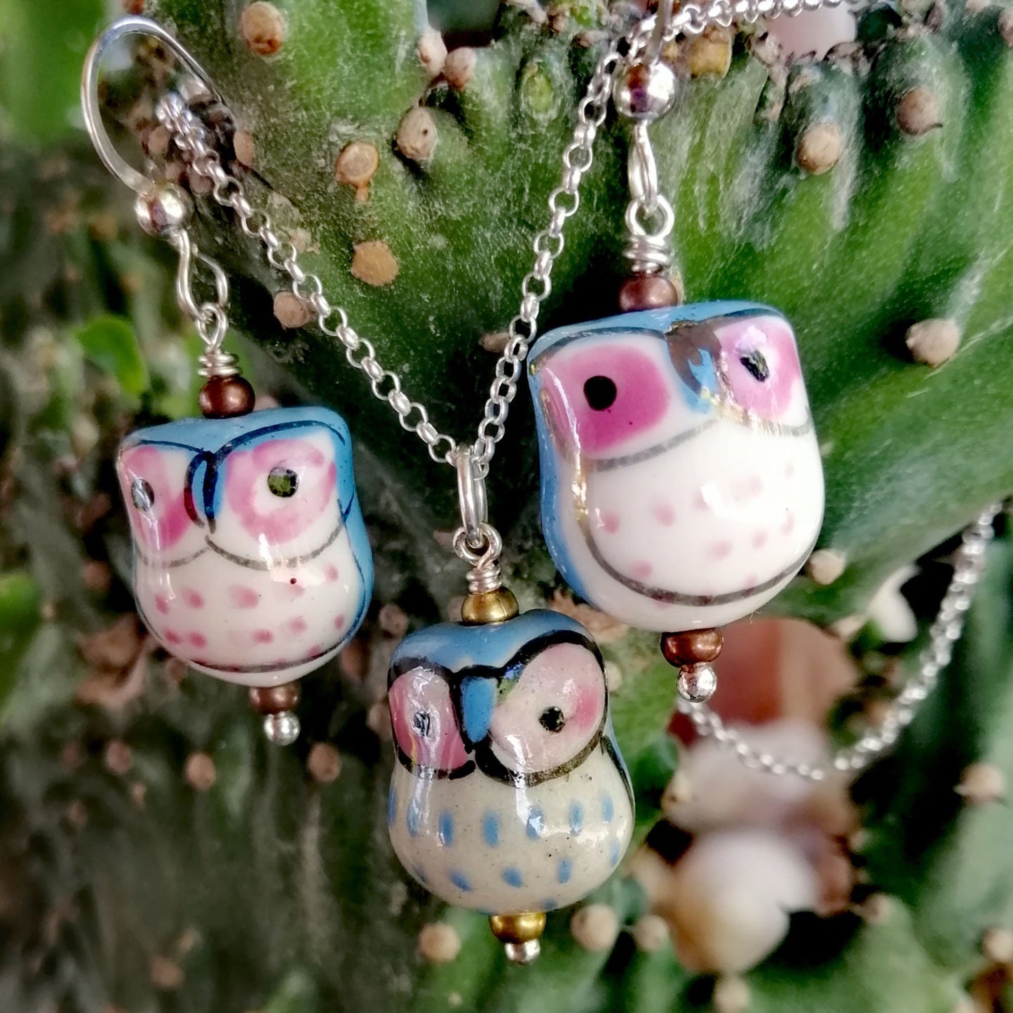 Blue Owl with Pink Eyes Necklace and Earring Set