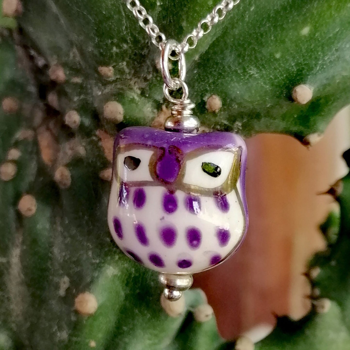 Purple Owl with White Eyes Necklace