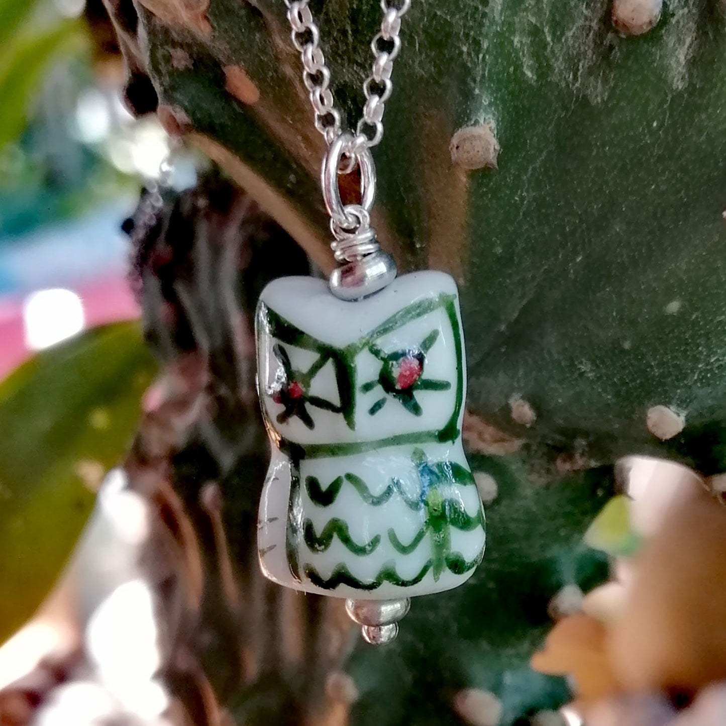 White Owl with Green Feathers and Red Eyes Necklace