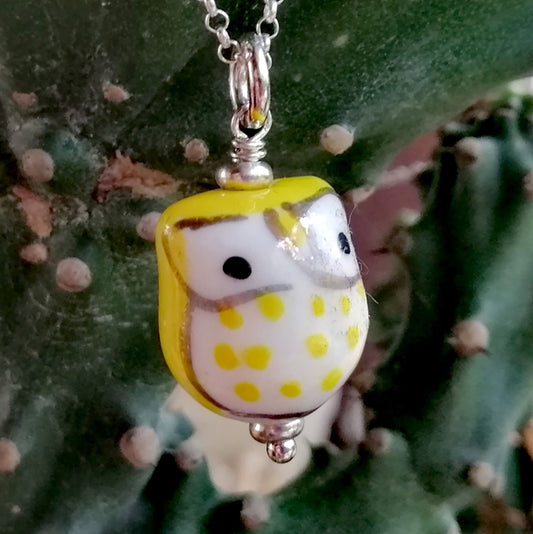 Yellow Owl with White Eyes Necklace