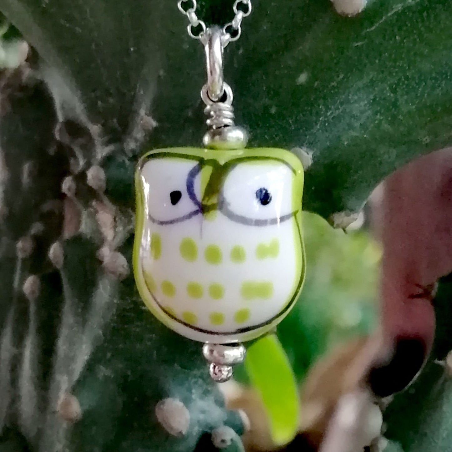 Lime Green Owl with White Eyes Necklace