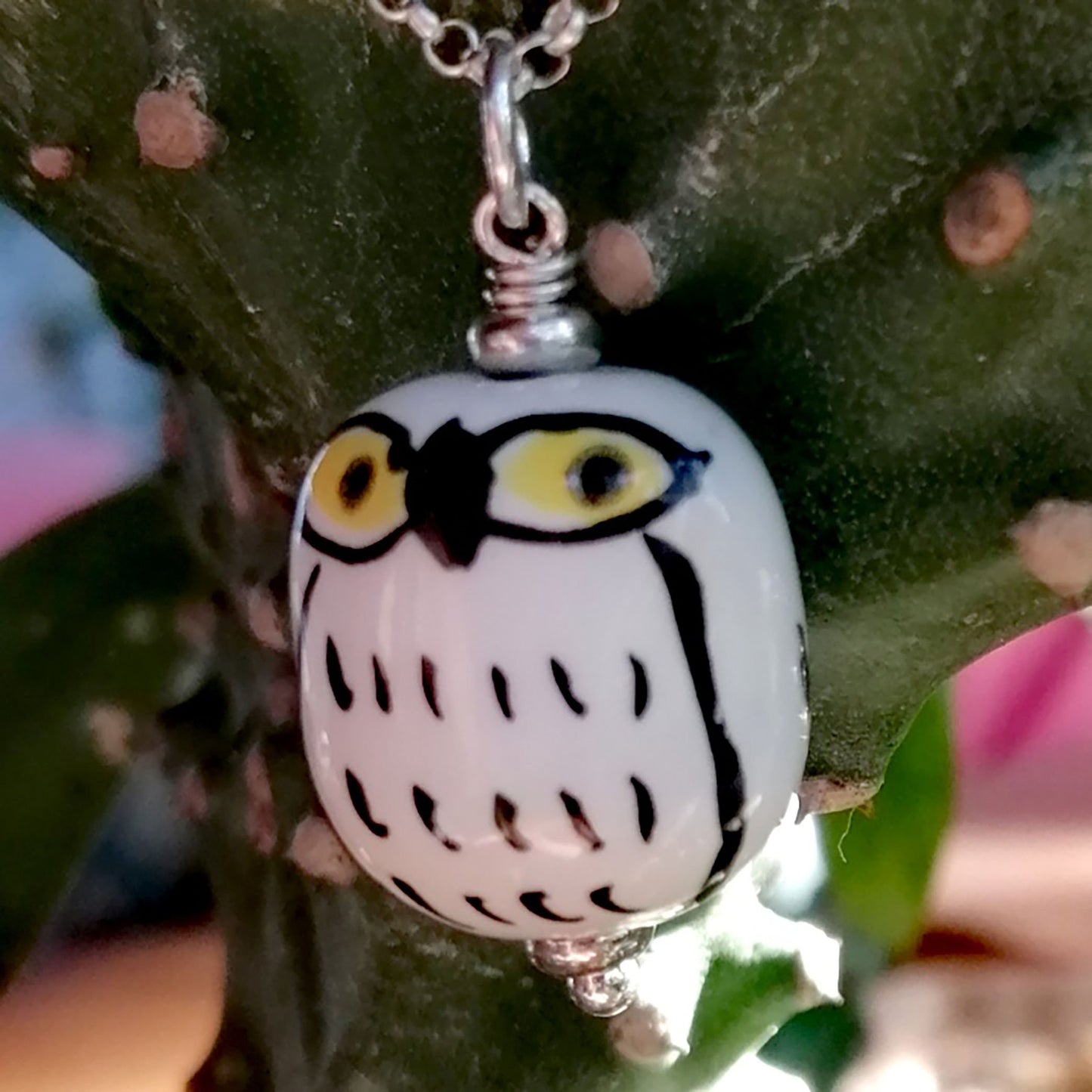 White Owl with Black Feathers and Yellow Eyes Necklace