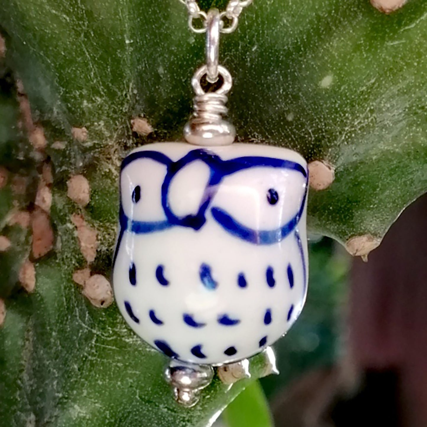 White Owl with Blue Feathers and White Eyes Necklace and Earring Set