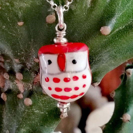 Red Owl with White Eyes Necklace