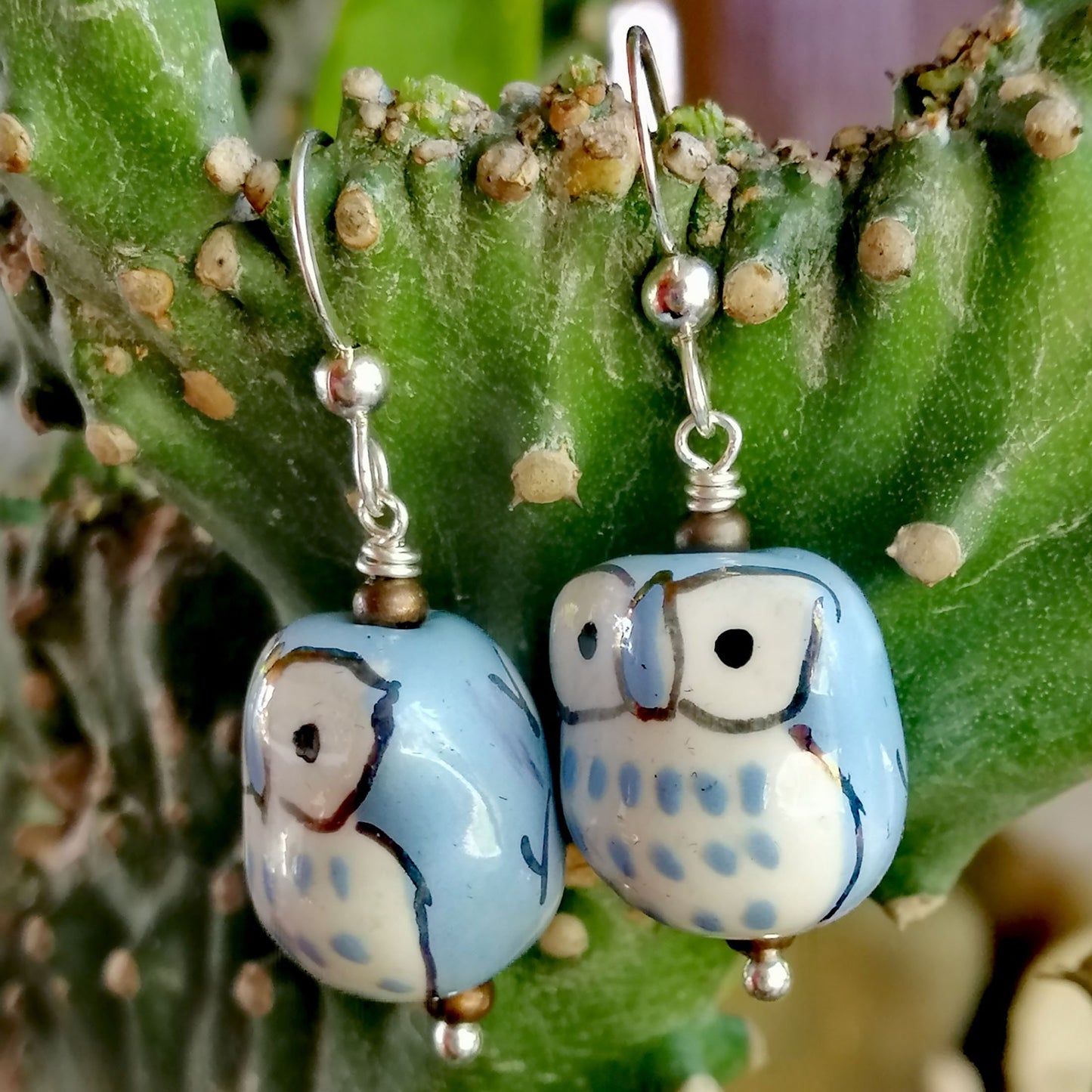 Light Blue Owl with White Eyes Earrings