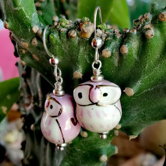 Pink Owl with White Eyes Earrings