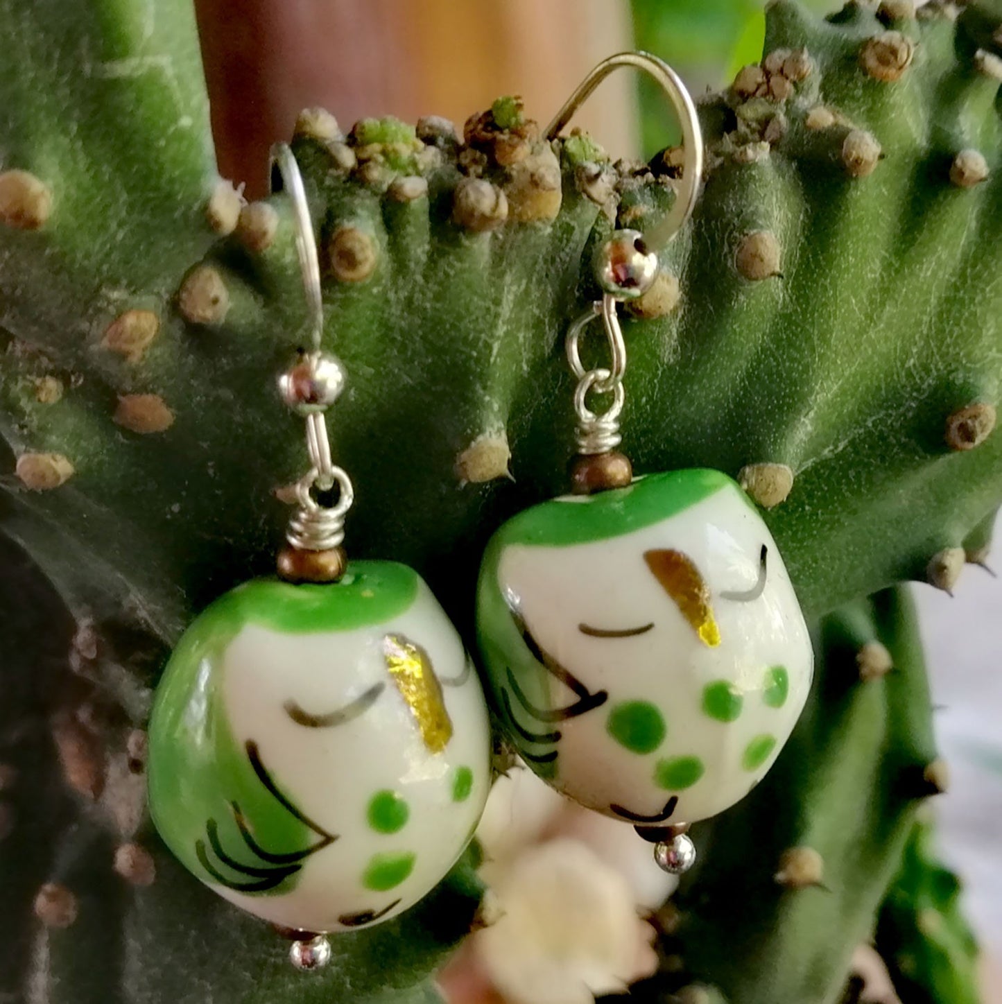 Sleepy Green Owl Earrings