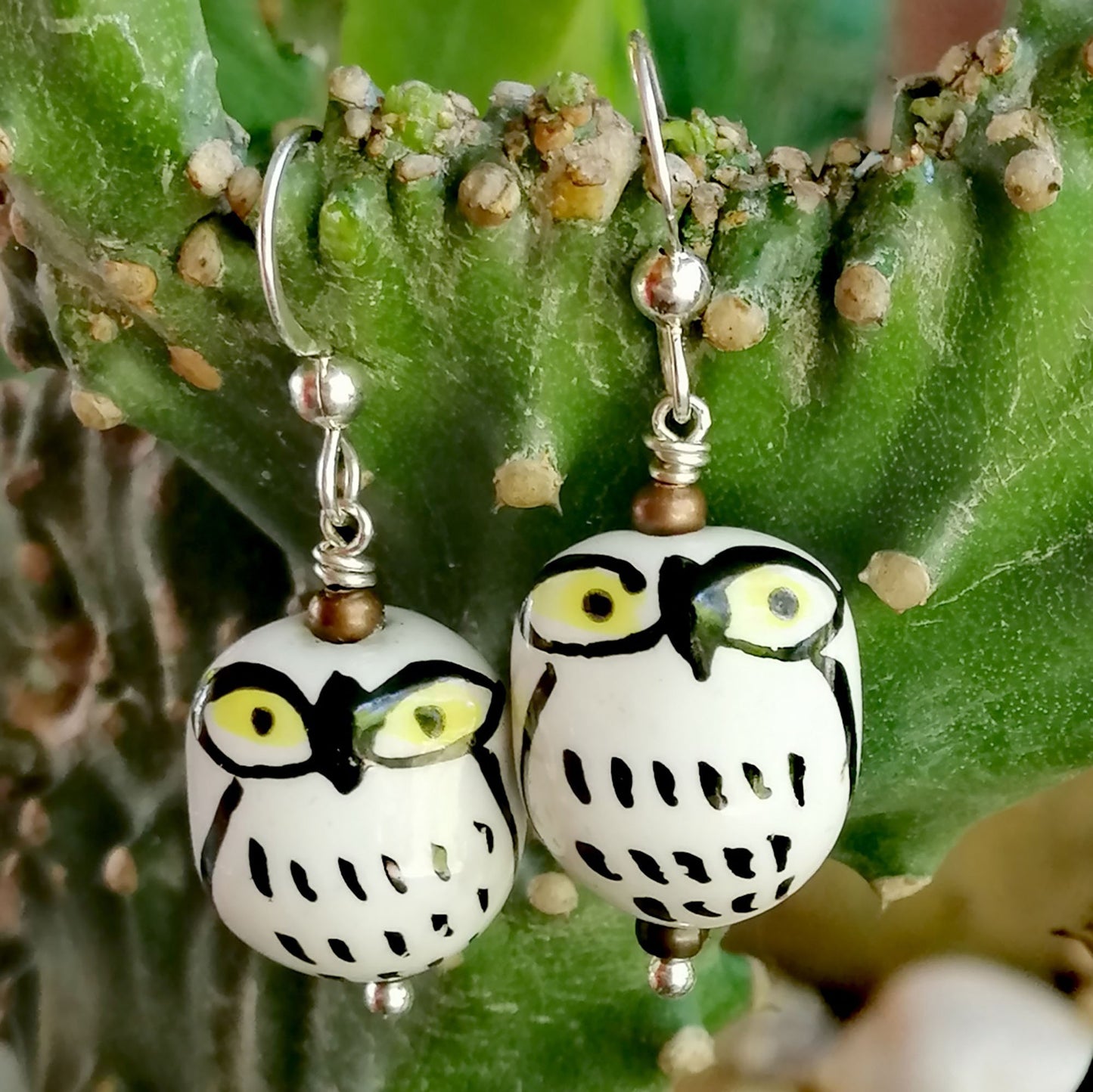 White Owl with Black Feathers and Yellow Eyes Earrings