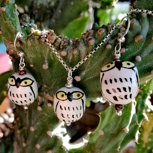 White Owl with Black Feathers and Yellow Eyes Necklace and Earring Set