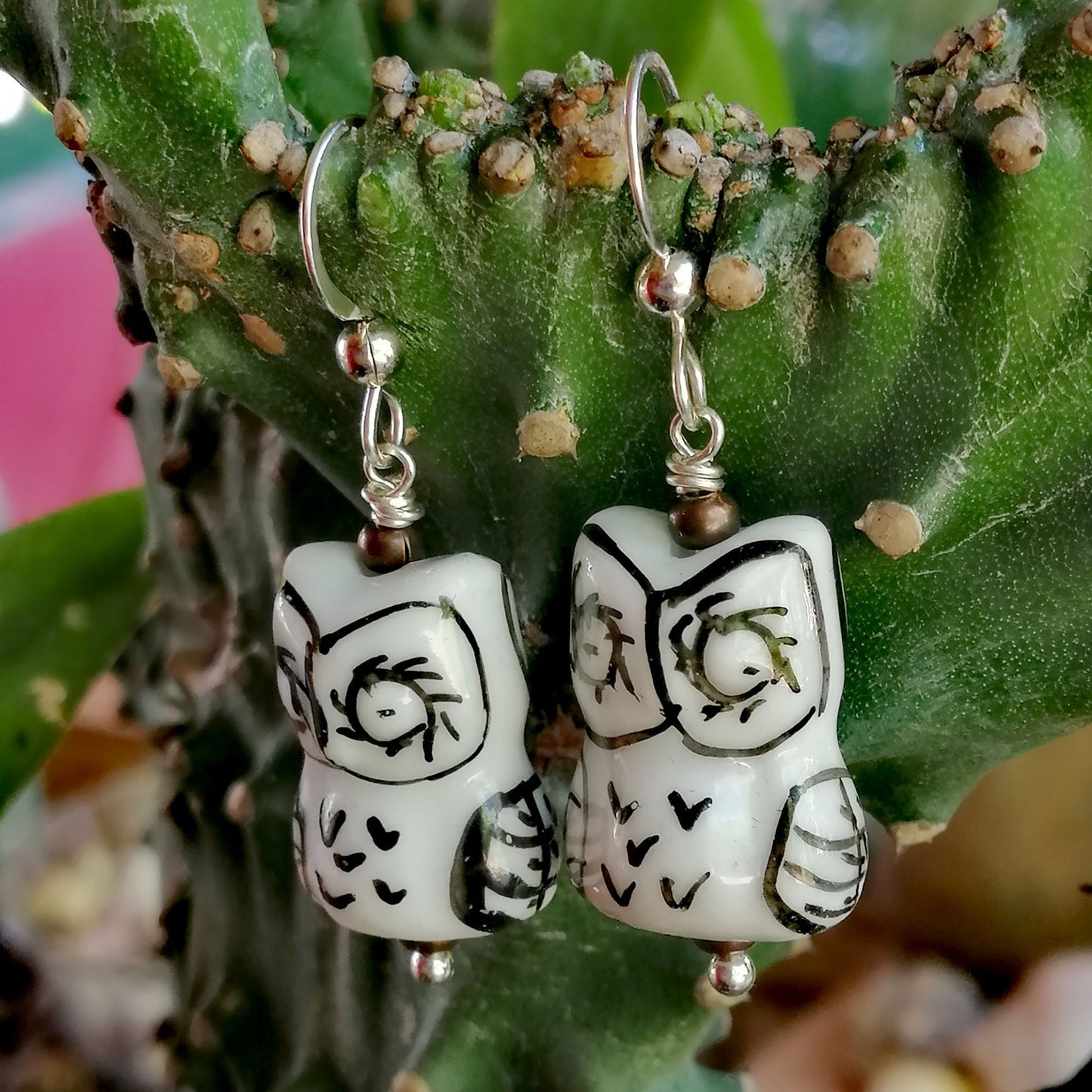 White Owl with Black Feathers and White Eyes Earrings