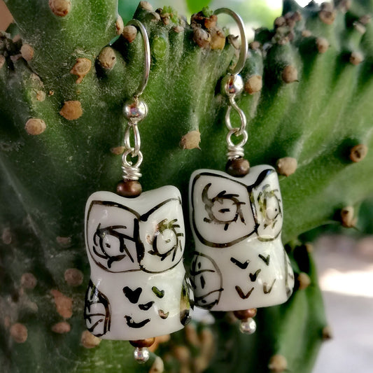 White Owl with Black Feathers and White Eyes Earrings