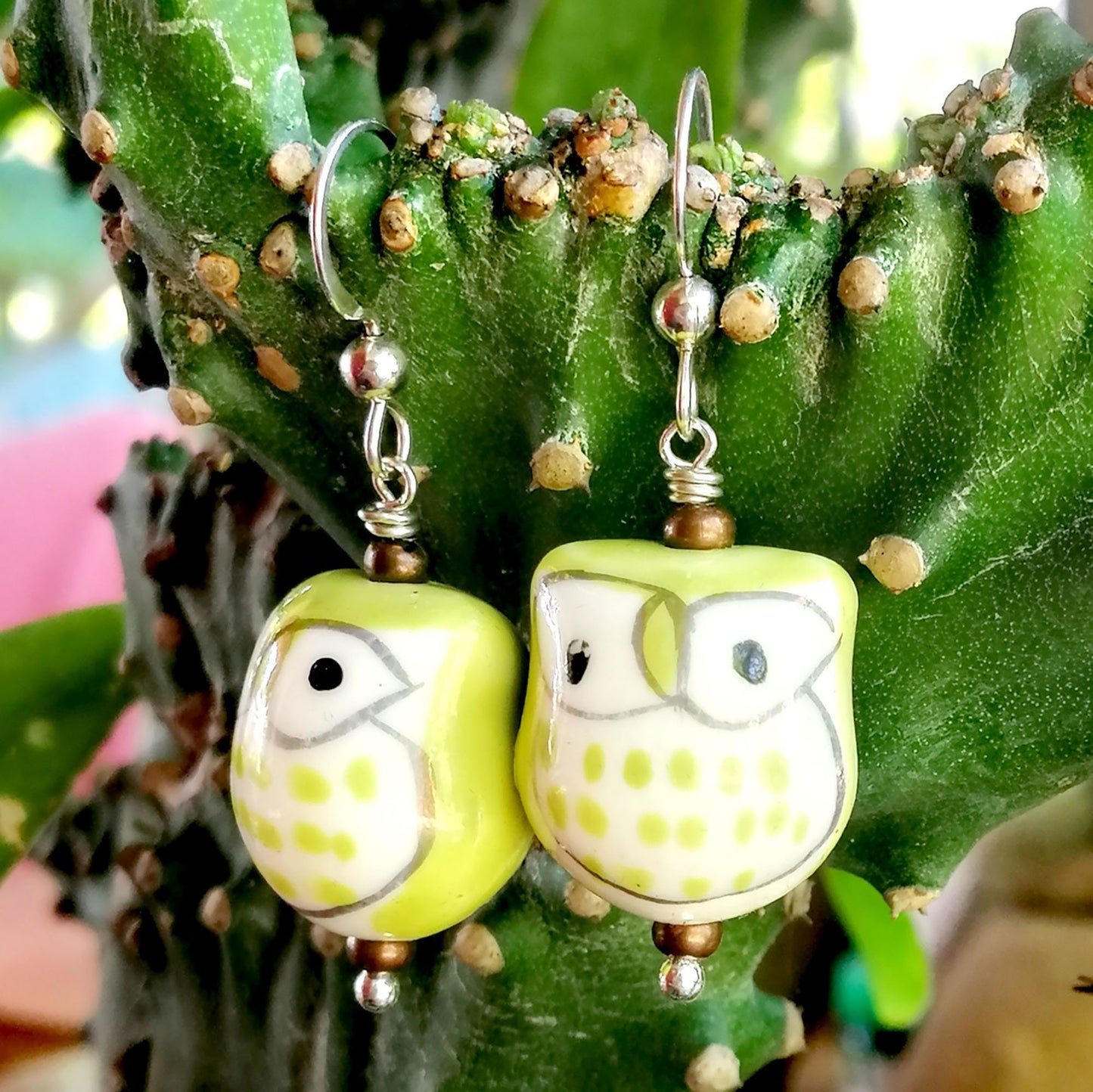 Lime Green Owl with White Eyes Earrings